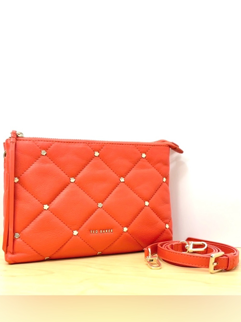 Ted Baker PARRKER Red Quilted Leather Studded Crossbody Bag Gold OS